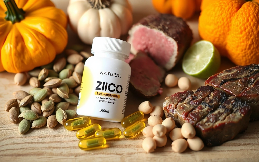 Natural zinc supplement capsules and fresh foods rich in zinc